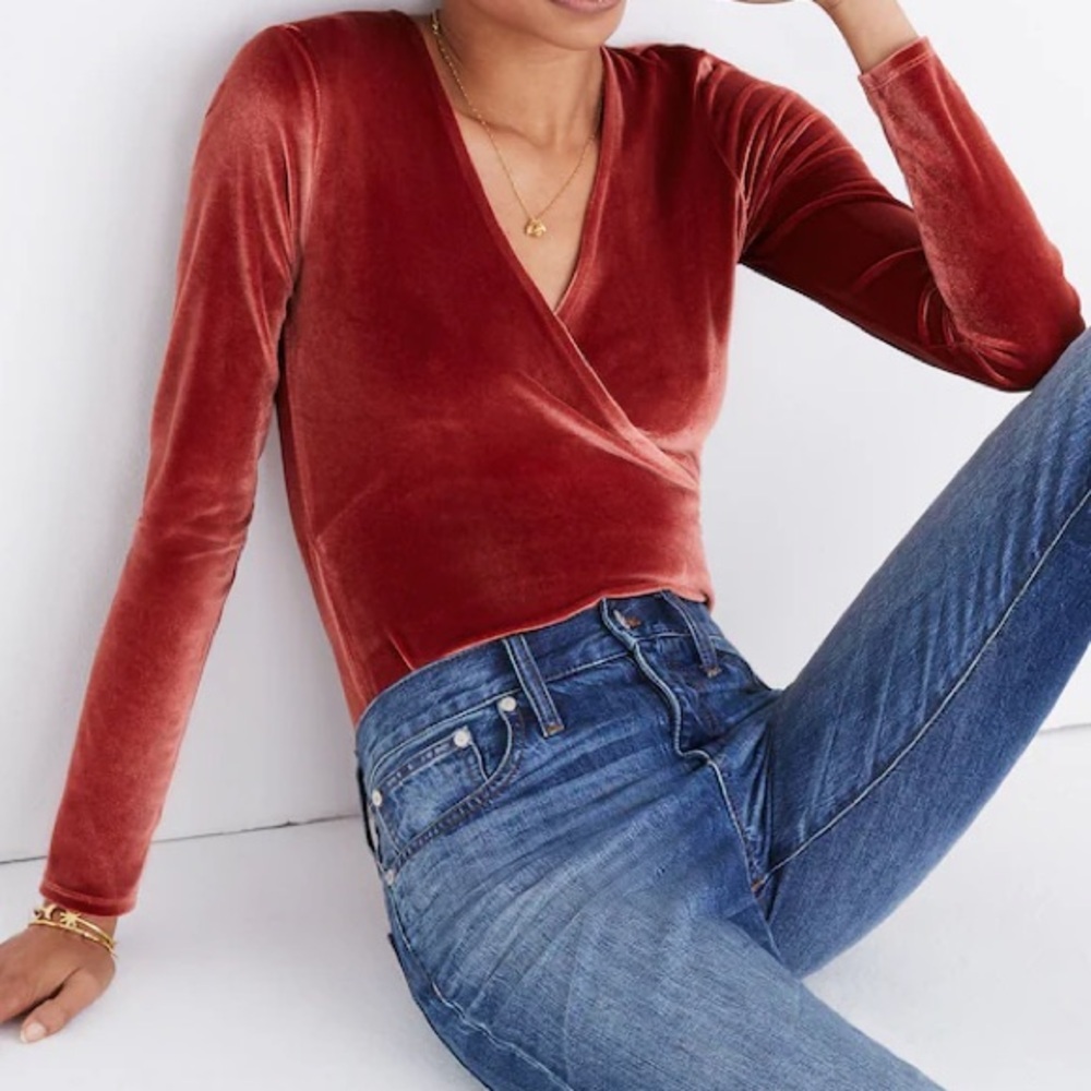 Madewell Velvet Wrap Fitted Bodysuit Burnished Rust Size XL